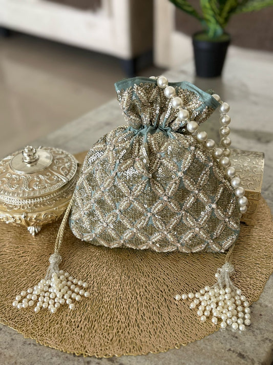 DP116 - Sequin and Pearl Embroidered Potli Bag