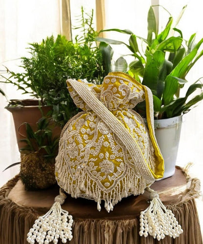DP117 - Yellow Pearl Embroidered Potli Bag
