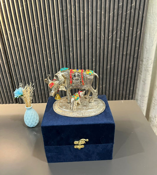 German Silver Kamdhenu Cow with Lakshmi Ganesh Carving