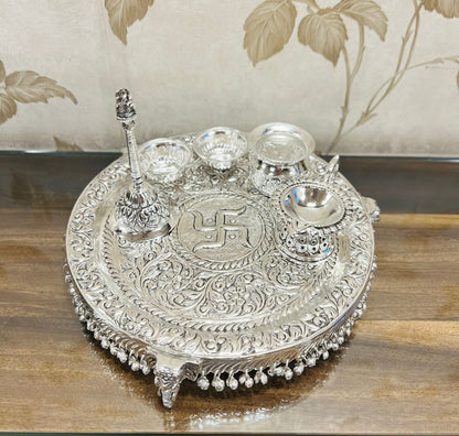 German Silver Elephant Hand Engraved Swastik Puja Thali Set