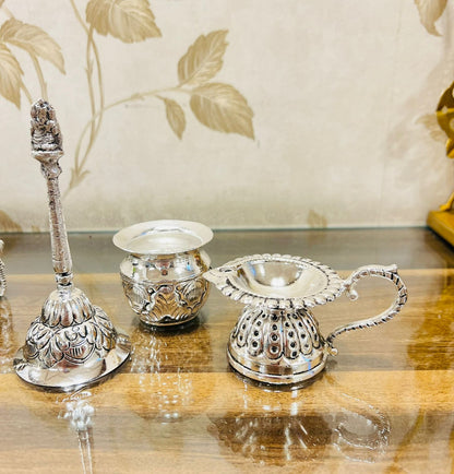 German Silver Elephant Hand Engraved Swastik Puja Thali Set