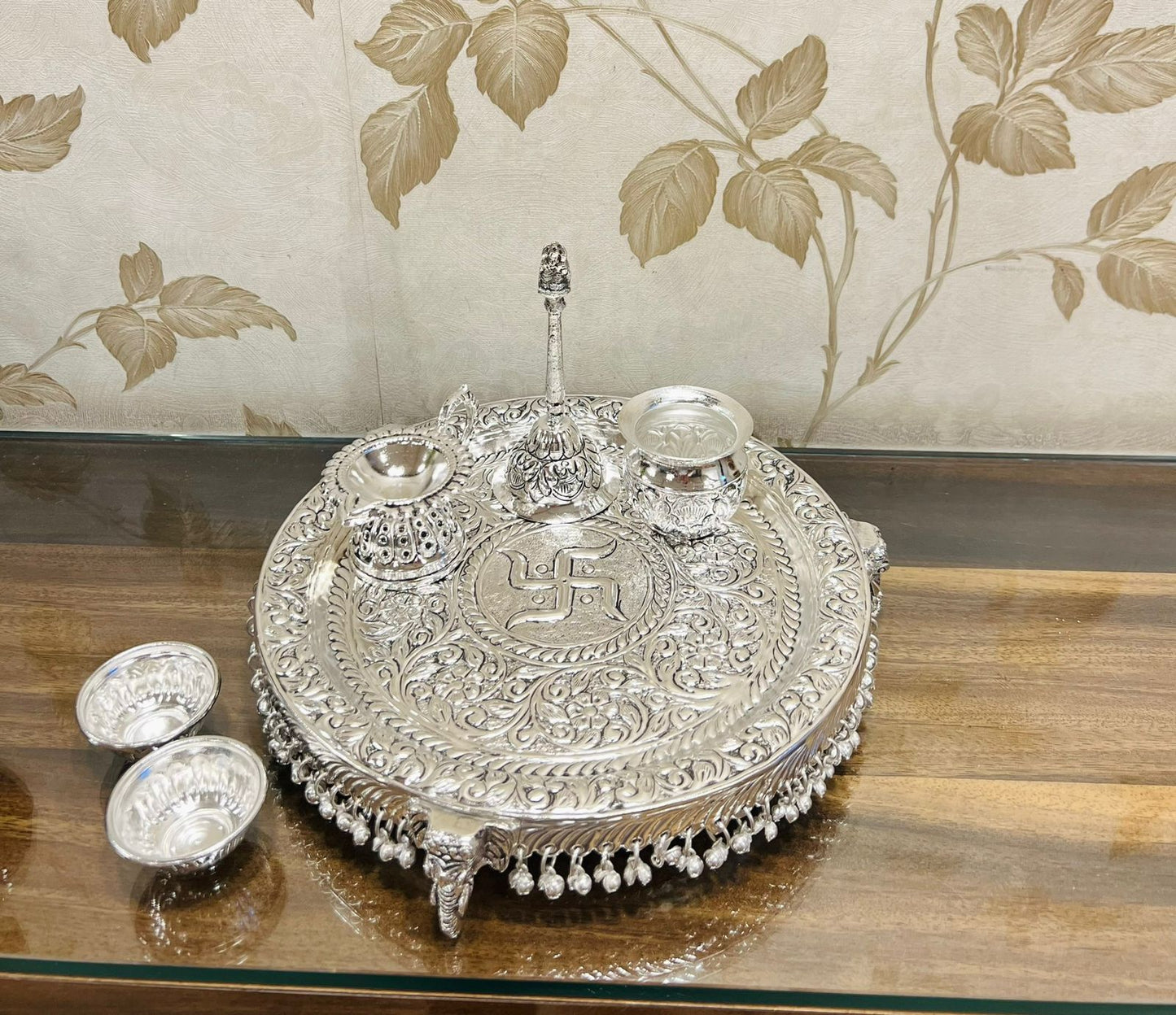 German Silver Elephant Hand Engraved Swastik Puja Thali Set