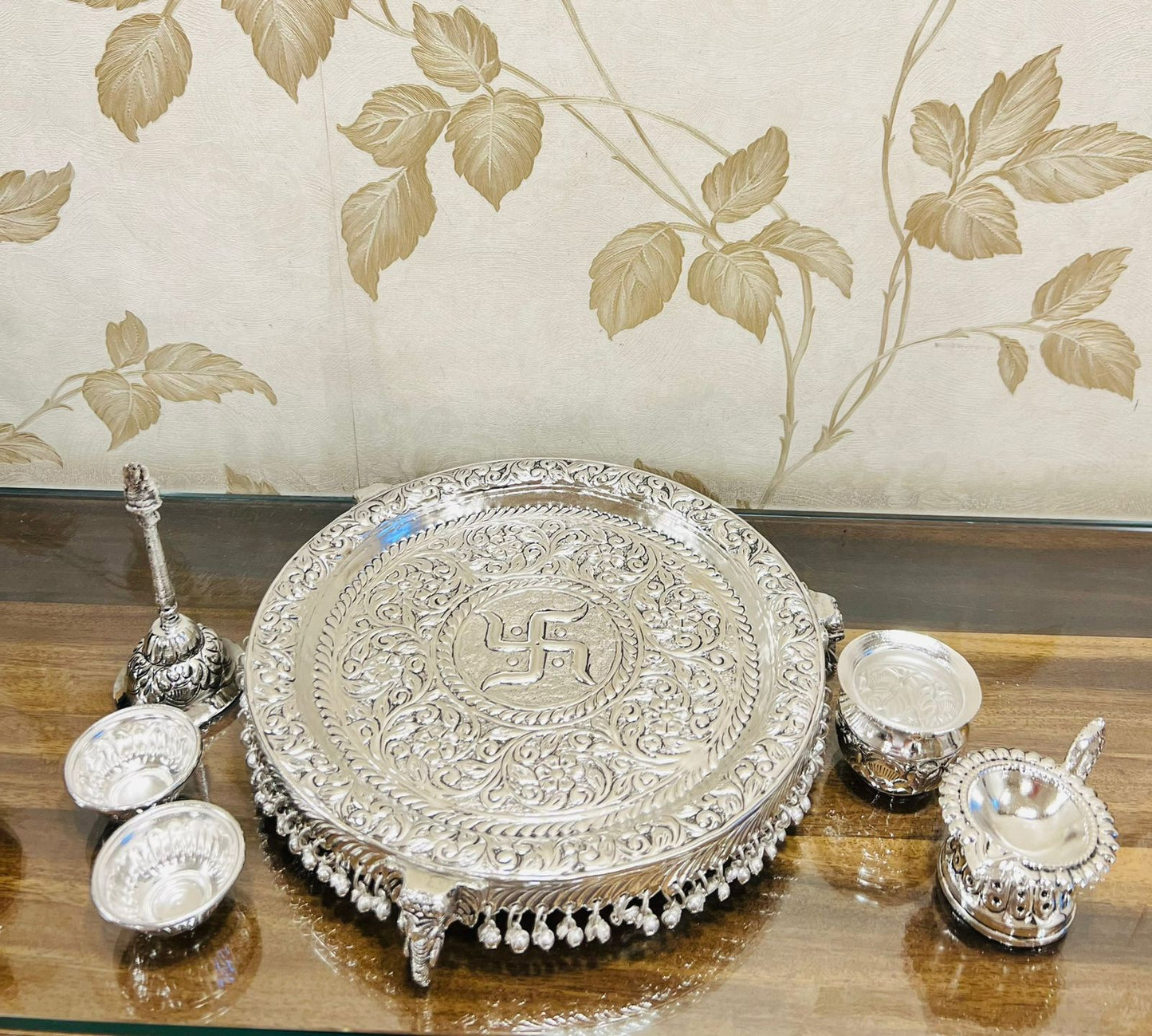 German Silver Elephant Hand Engraved Swastik Puja Thali Set