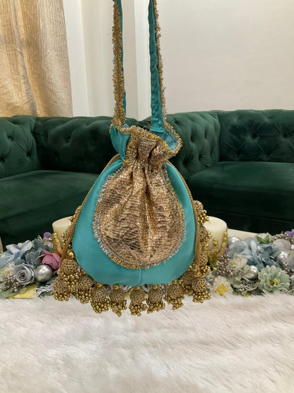 DP121 -  Satin JHUMKA Potli with Gota Patch – 10 x 9 inches