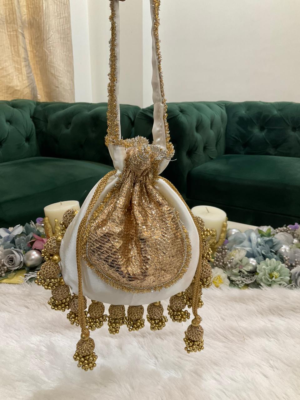 DP121 -  Satin JHUMKA Potli with Gota Patch – 10 x 9 inches