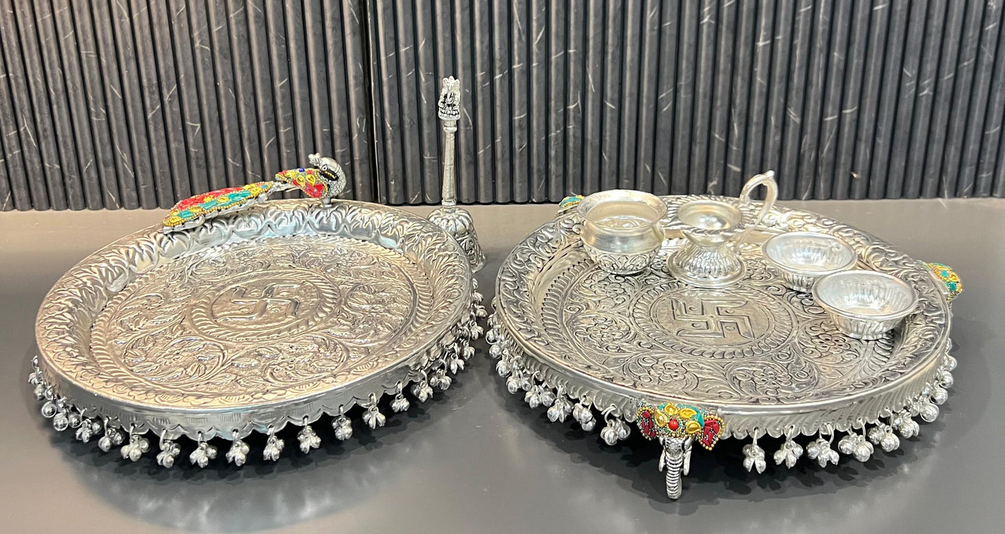 German Silver Elephant & Peacock Hand-Engraved Swastik Puja Thali Set