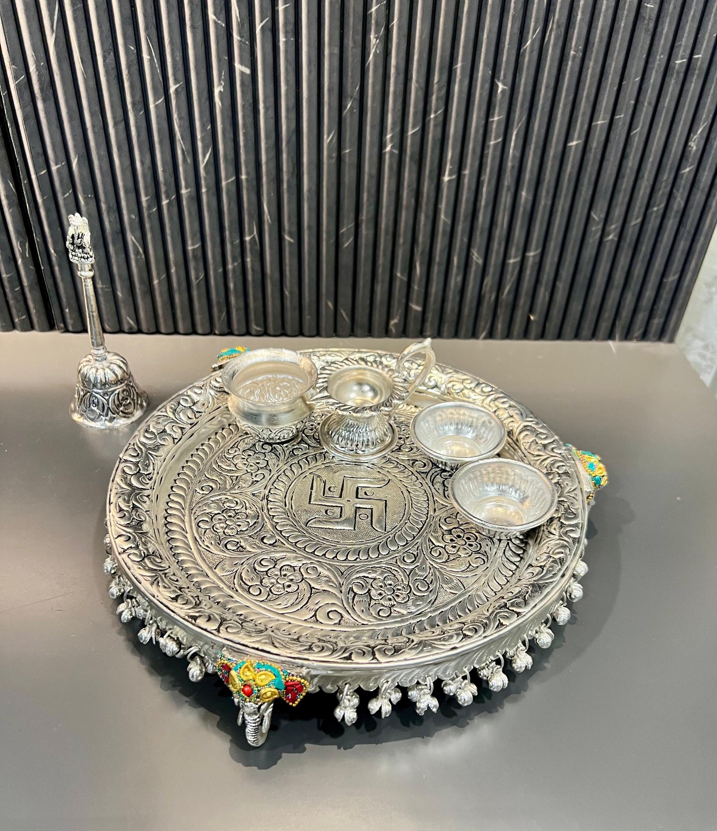 German Silver Elephant & Peacock Hand-Engraved Swastik Puja Thali Set