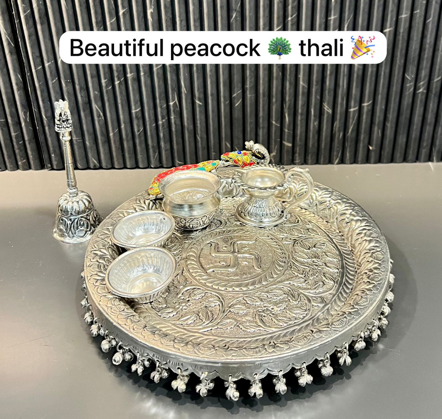 German Silver Elephant & Peacock Hand-Engraved Swastik Puja Thali Set