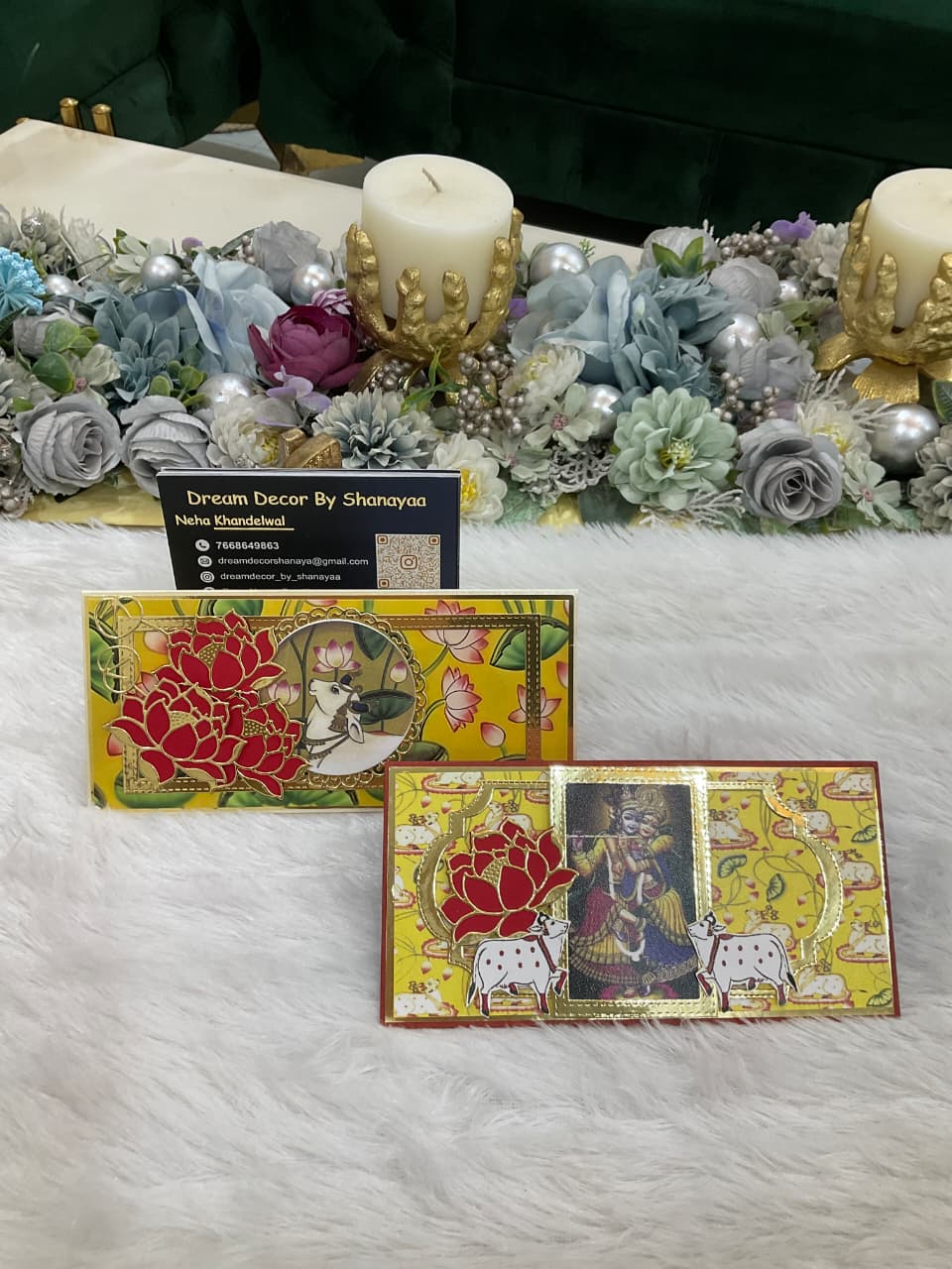 Designer Shrinathji / Krishna Cow &amp; Lotus Envelope Set