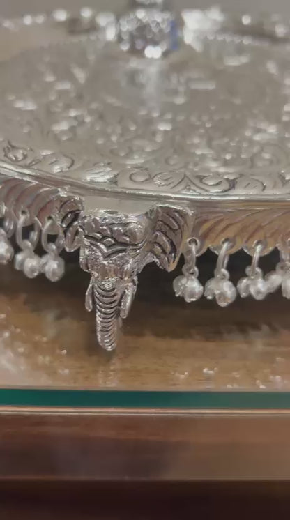 German Silver Elephant Hand Engraved Swastik Puja Thali Set