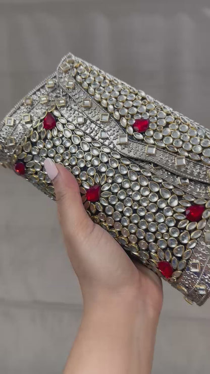 Silver Kundan Clutch with Emerald Green & Ruby Red Stones