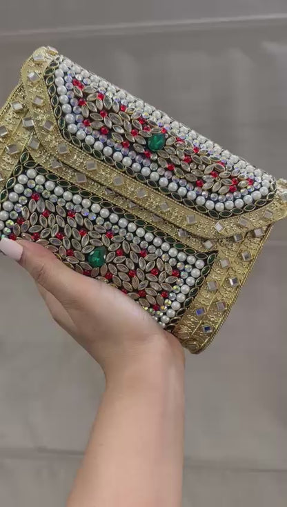 Gold Book Style Kundan Clutch with Emerald Green, Red &amp; White Stone Work