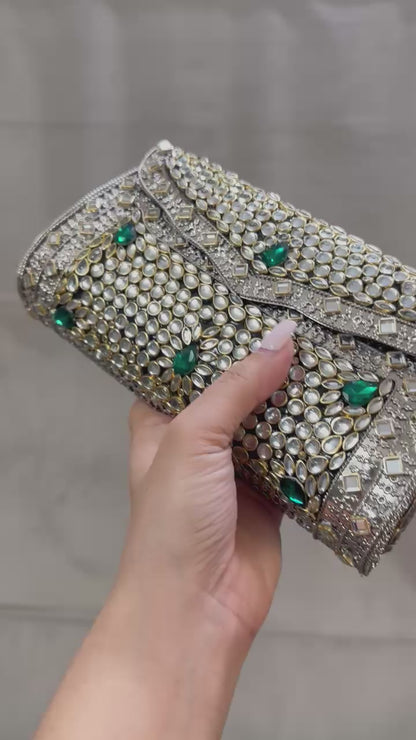 Silver Kundan Clutch with Emerald Green & Ruby Red Stones