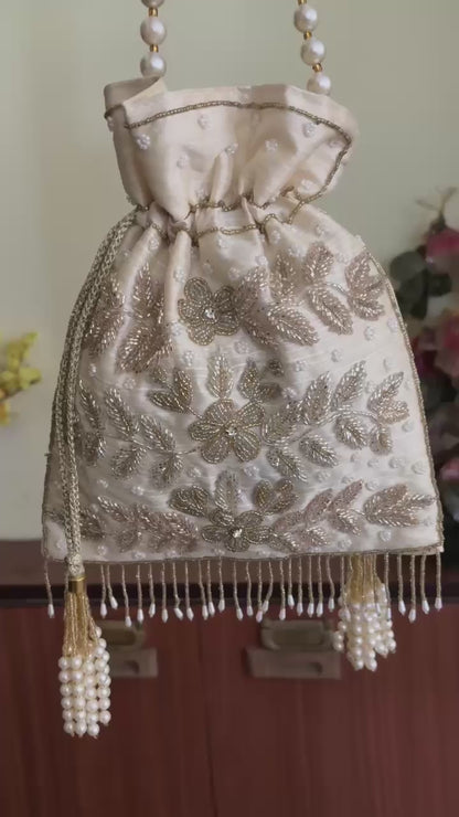 DP102 - Handcrafted Floral Potli Bag – Pearl &amp; Bead Work