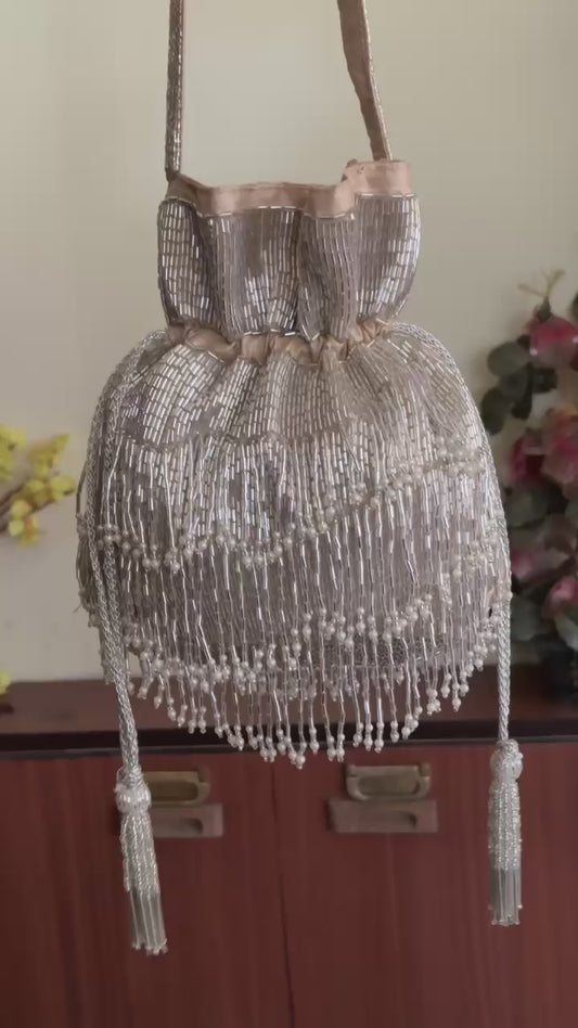 DP101 - Fully Hand-Embroidered Silver Fringe Potli