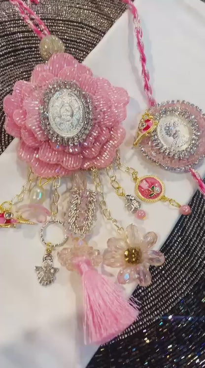 Pink Silver Coin Rakhi and Lumba Set