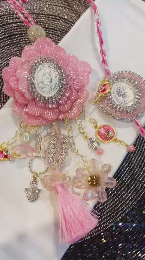Pink Silver Coin Rakhi and Lumba Set